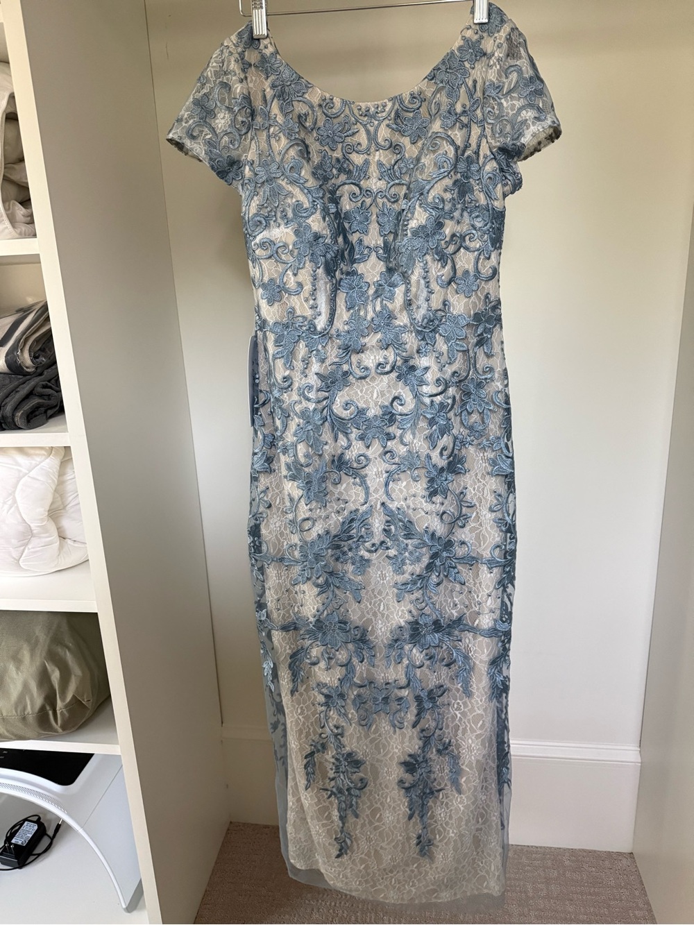 Azazie Alyssum Blue and White Floral Lace Midi Dress
